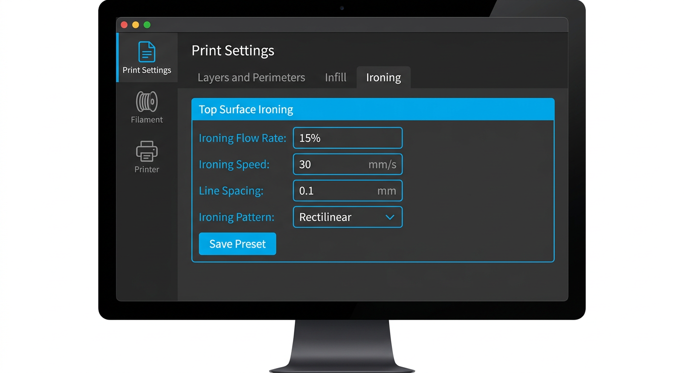 Slicer interface settings panel showing ironing parameters