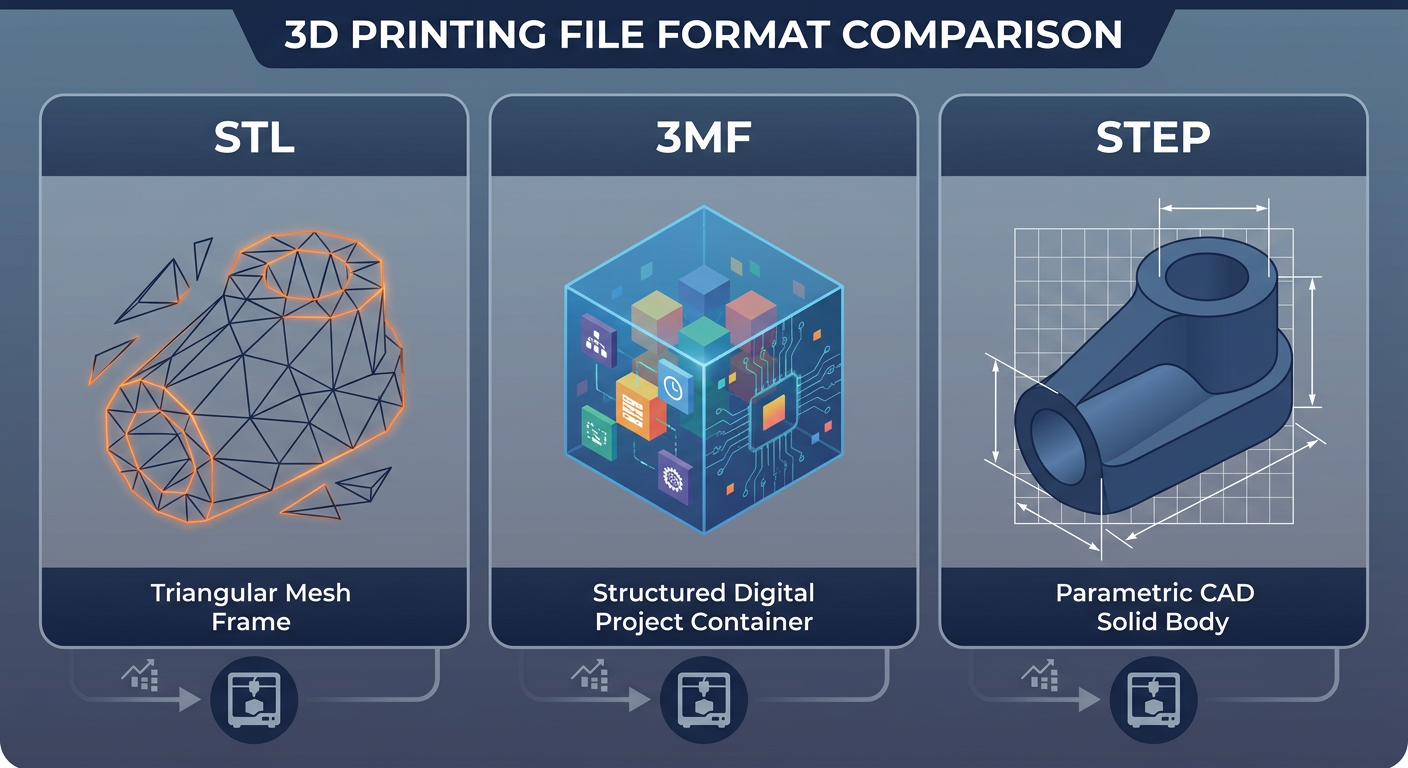 Visual comparison of STL triangular mesh, 3MF multi-color archive, and STEP parametric solid body