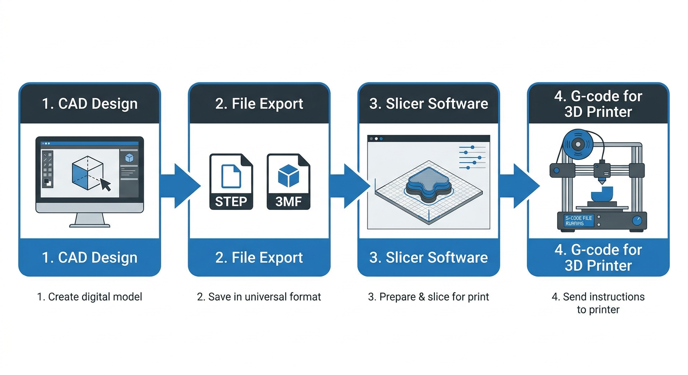 3D printing workflow from CAD design to file export, slicing, and printing
