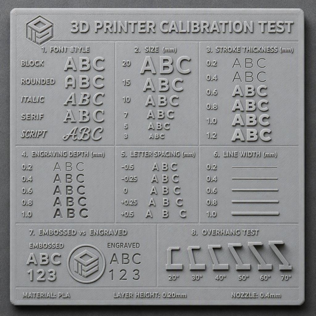 3D printing test plate comparing font styles, sizes, stroke thickness, depth, and letter spacing