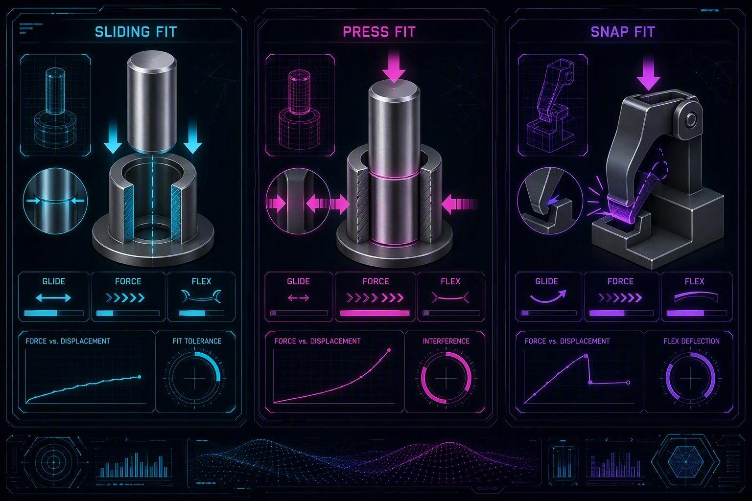 Comparison of sliding, press, and snap fits — three technical panels with motion and force annotations