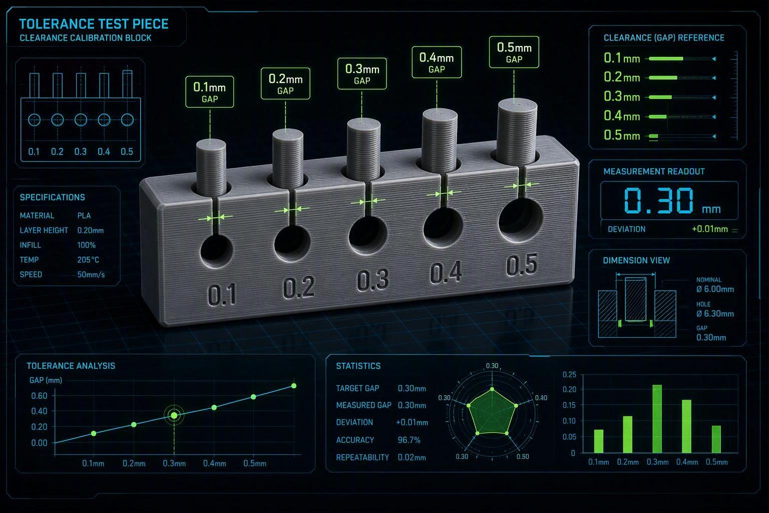 A 3D printed tolerance test block with graduated pegs and holes and dimension callouts