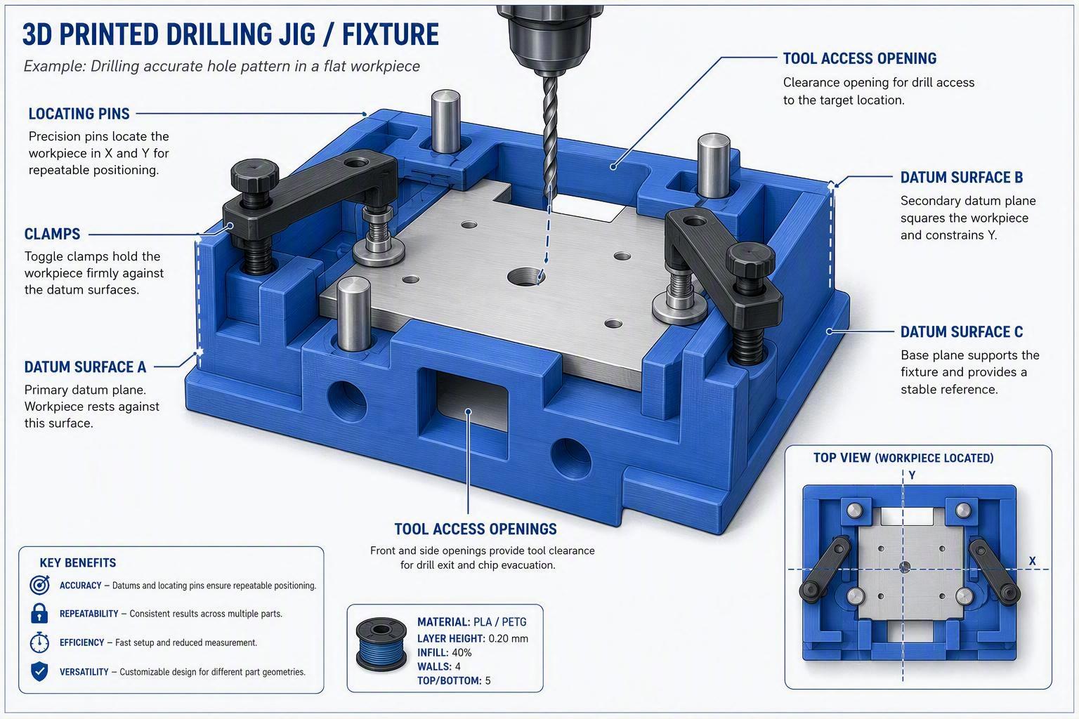 Annotated 3D printed fixture showing datum surfaces, locating pins, clamps, and tool access