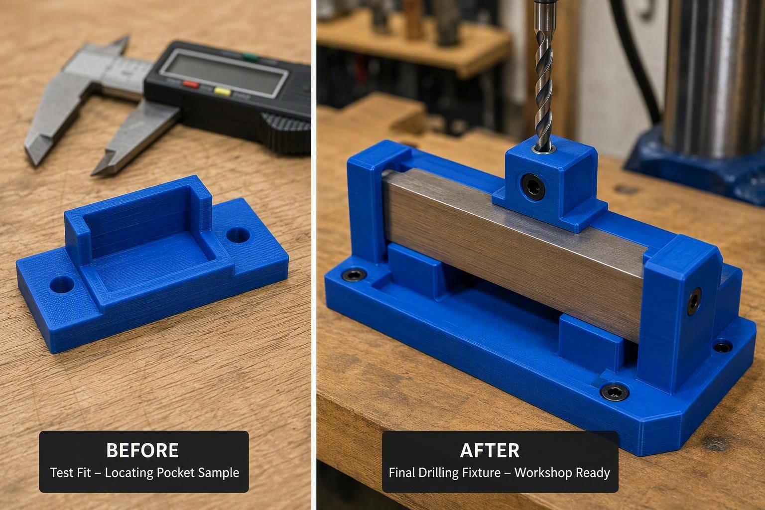 3D printed jig test section compared with a final workshop fixture