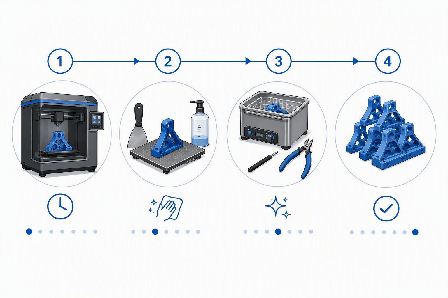 3D printing throughput workflow showing print time, setup, post-processing, and successful parts