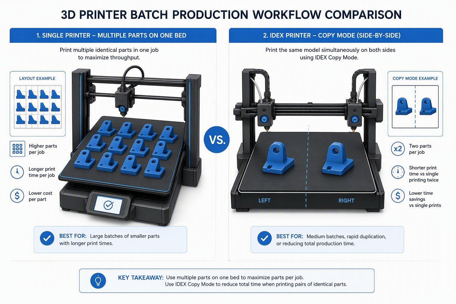 Comparison of batch printing workflows with multiple parts per plate and IDEX Copy Mode