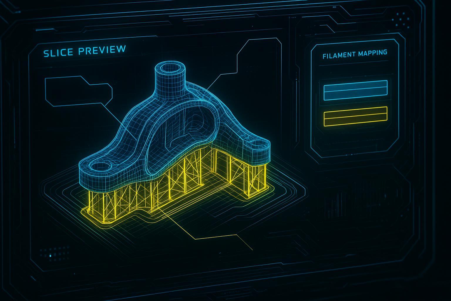 a tech-style slicer preview mockup showing two toolpaths in contrasting colors, with callout labels identifying the model toolhead and the PVA support