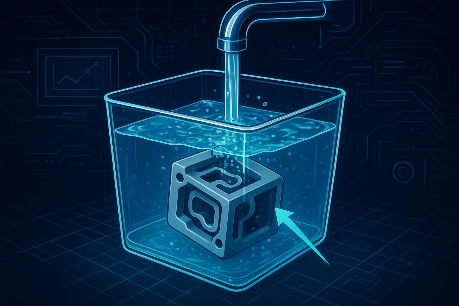 a tech-style illustration of an FDM part soaking in a clear container with a rinse-water flow indicator and a callout prompting the reader to check in