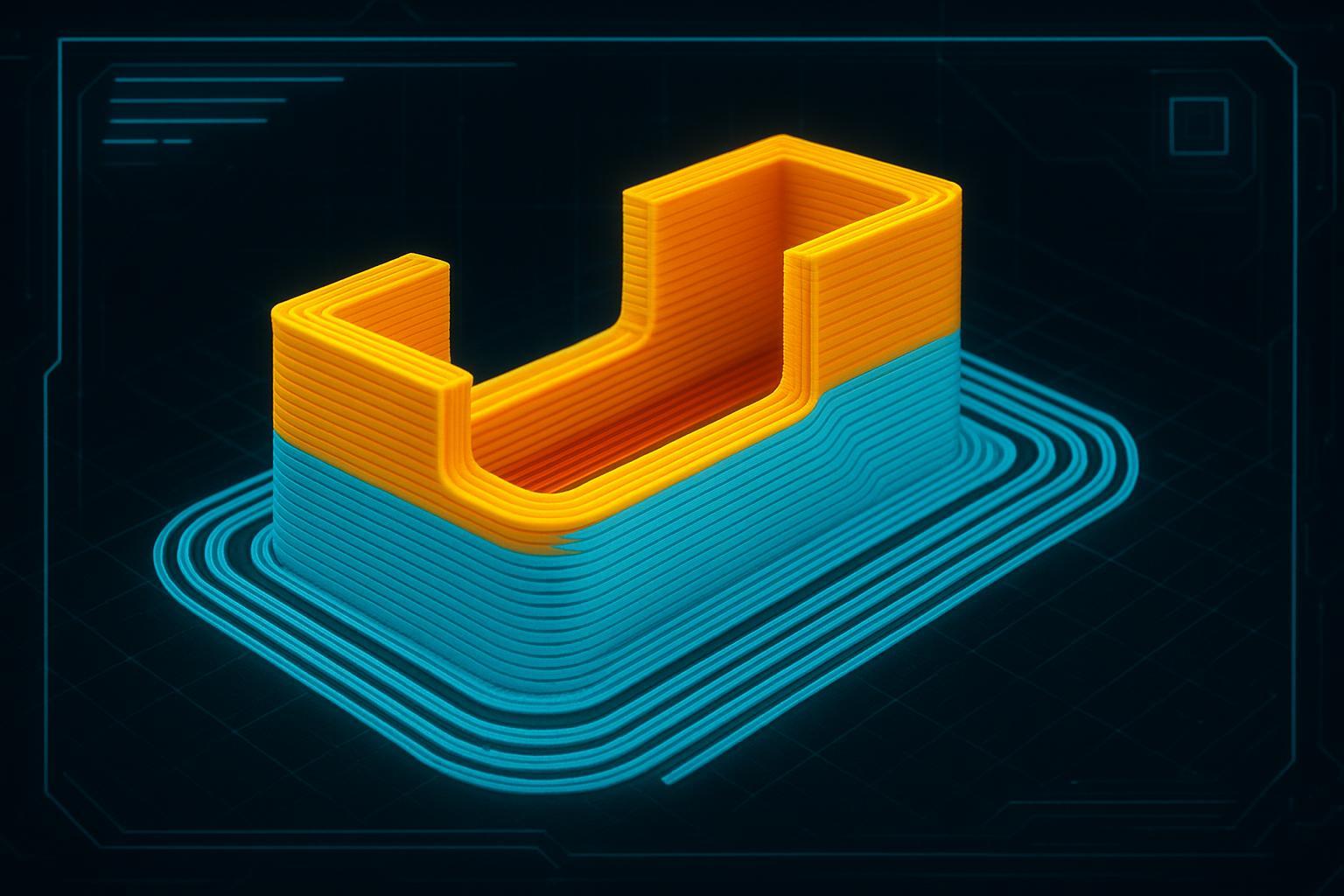 a tech-style slicer preview showing a completed part with the model toolpath and the PVA support toolpath in contrasting colors, with the support interface highlighted under the overhang