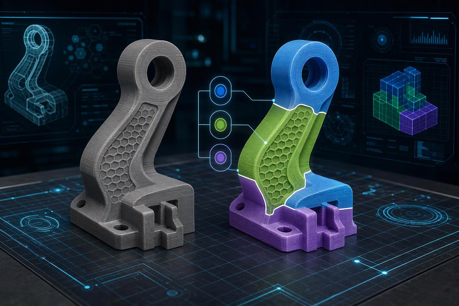 a single part shown twice: on the left as one solid body, on the right split into three labeled regions — rigid core, flexible grip, soluble support i