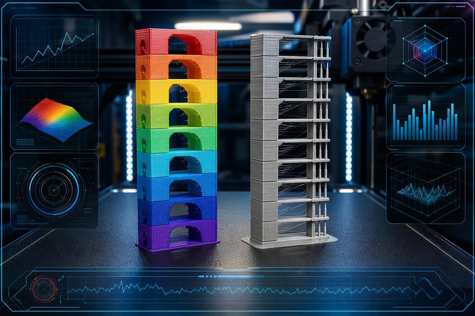 a completed temperature tower with visible bands and a printed retraction tower whose sections are labelled with their retraction length