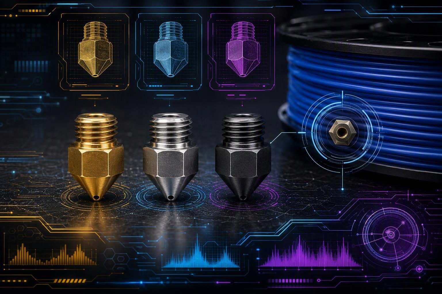 three nozzles side by side — brass, stainless steel and hardened steel — with the orifice visible