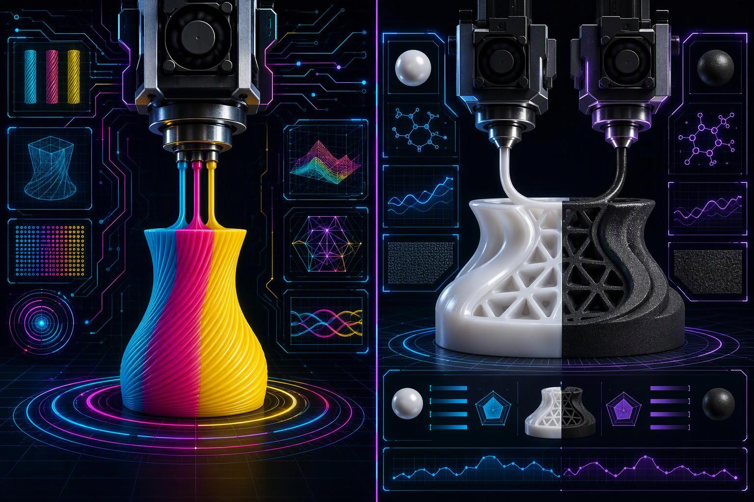 Side-by-side diagram comparing one nozzle printing three colors of one filament with two toolheads printing different materials