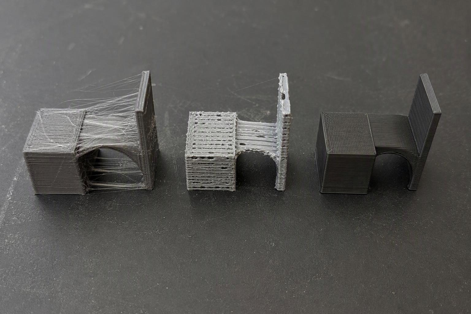 Comparison of TPU prints showing stringing, under-extrusion, and a clean surface