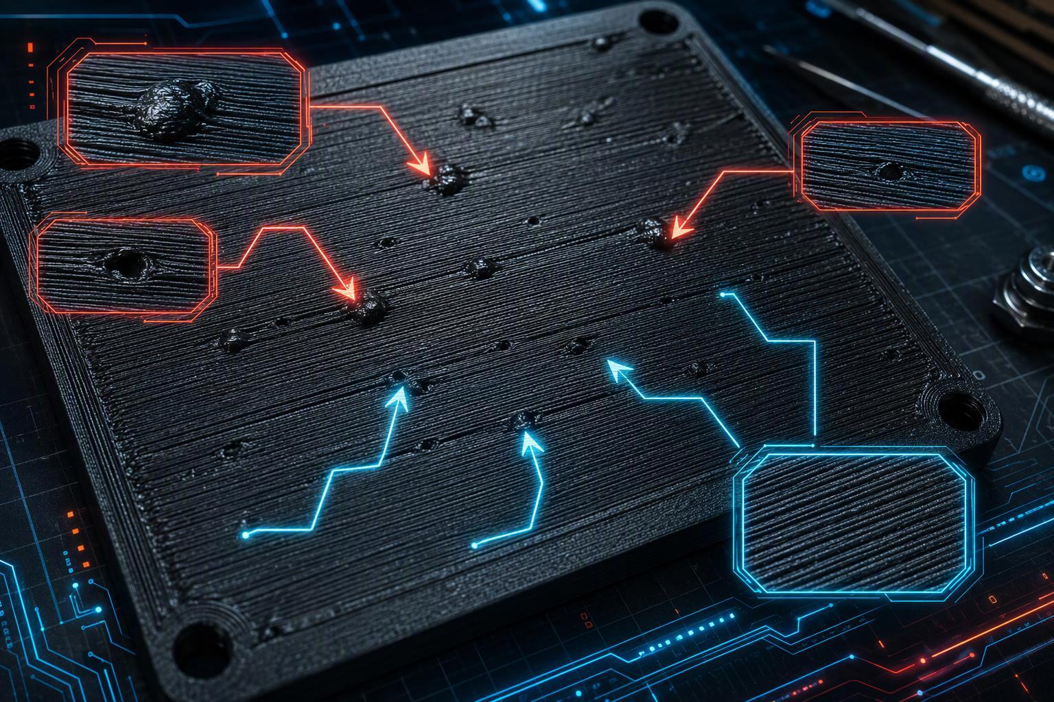 3D printed top surface with arrows labeling pillowing bumps, gaps between lines, and sparse infill below