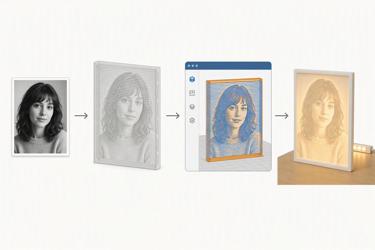 Step-by-step workflow showing a photo converted into a 3D printed lithophane