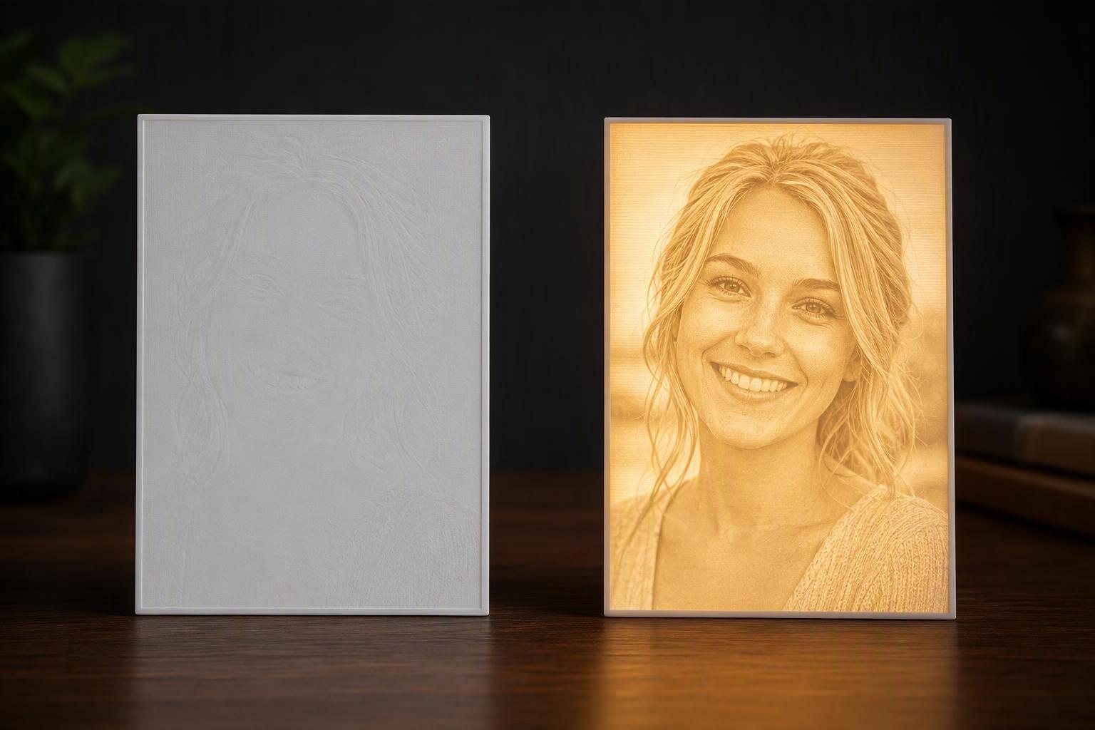 3D printed lithophane shown under normal lighting and backlighting