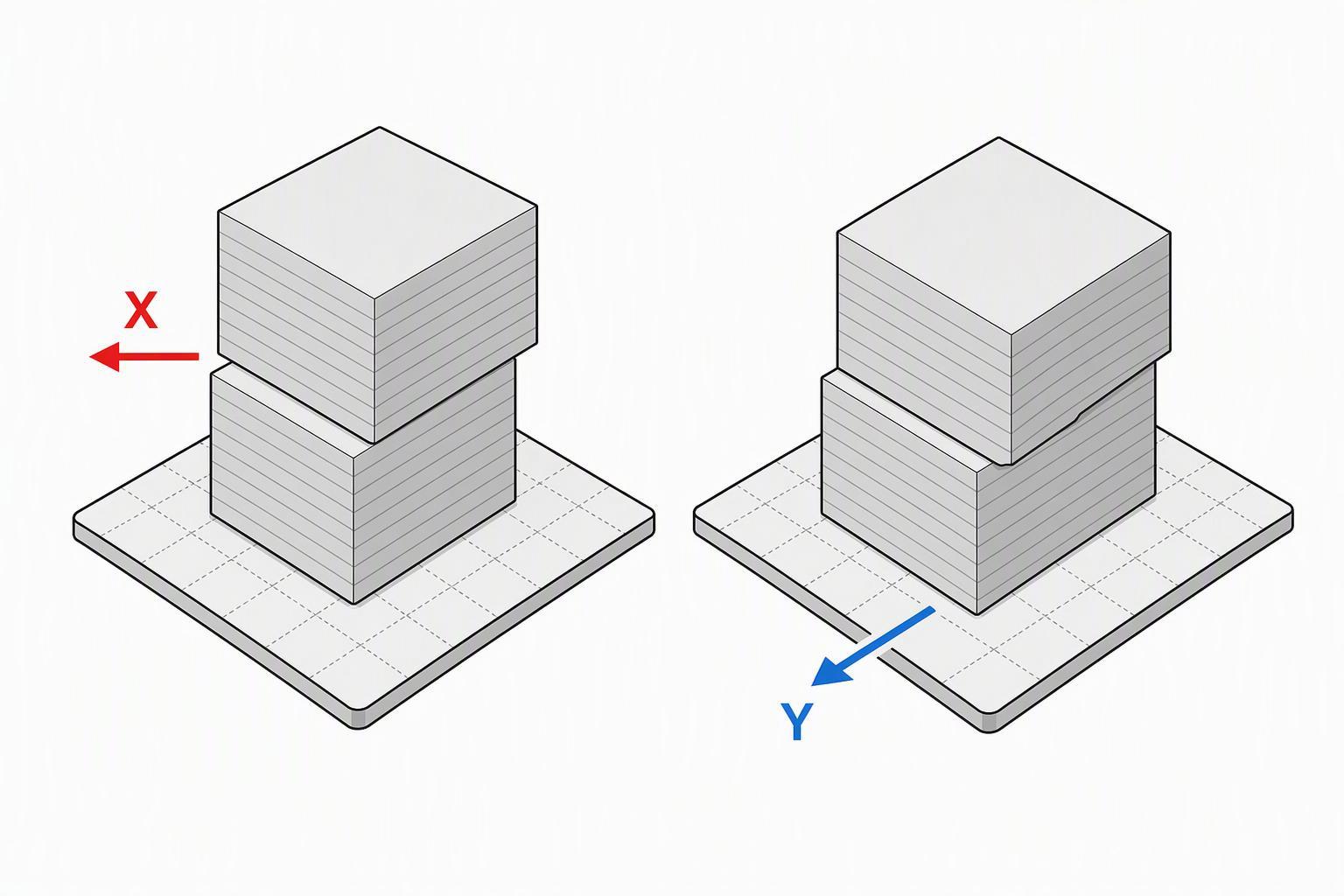 Diagram of a 3D printed cube with an X-axis layer shift versus a Y-axis layer shift