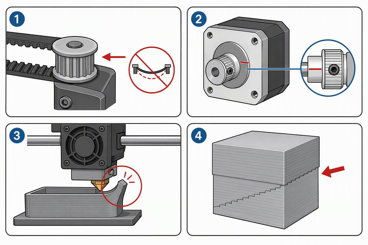 Illustration of four layer shift inspection points: belt tension, pulley set screws, nozzle collision, and a stepped misaligned print