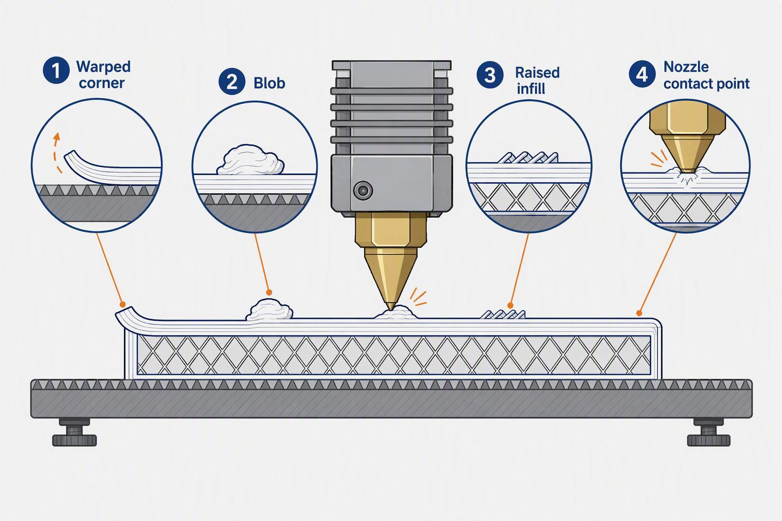Diagram of common nozzle collision causes: a warped corner, an extrusion blob, raised infill, and the point where the nozzle contacts raised plastic
