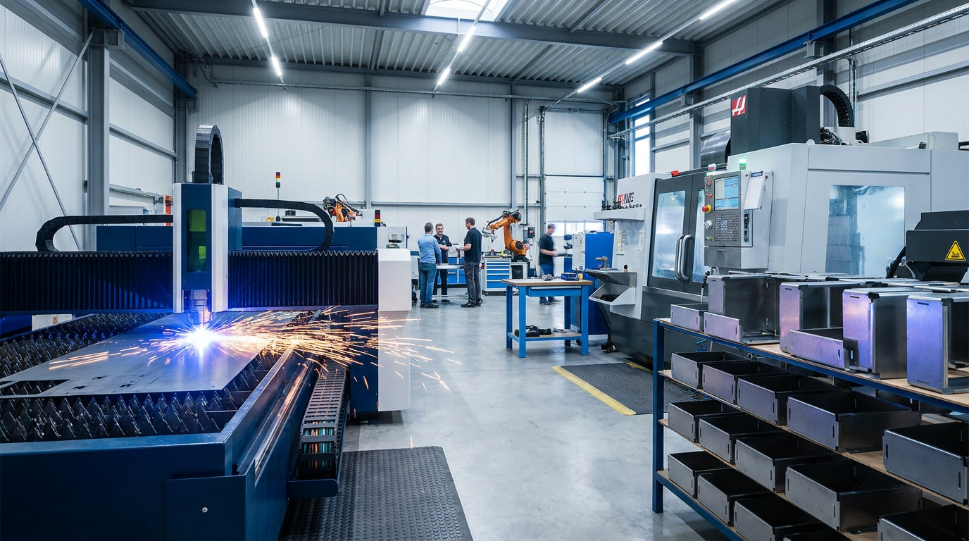 Custom metal fabrication workshop featuring fiber laser cutting and CNC machining