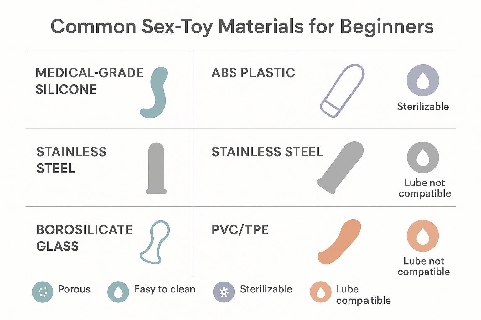 Infographic comparing silicone, ABS, steel, glass, and PVC/TPE on porosity, cleaning, sterilization, and lube compatibility