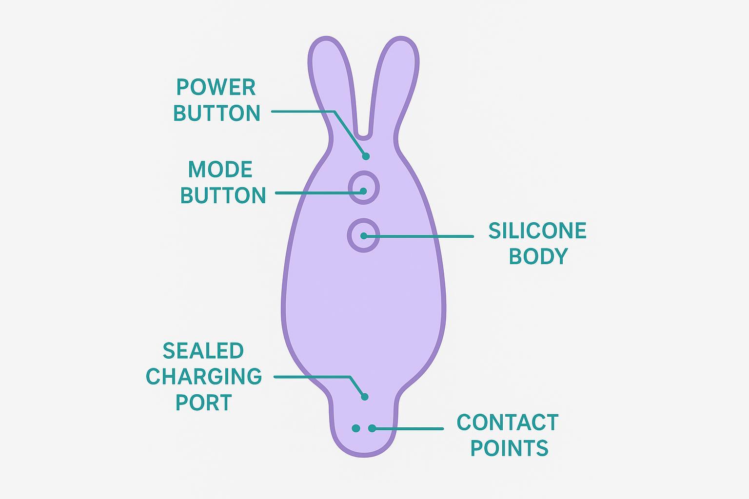 Labeled beginner vibrator diagram highlighting controls, motor, silicone body, and sealed charging port