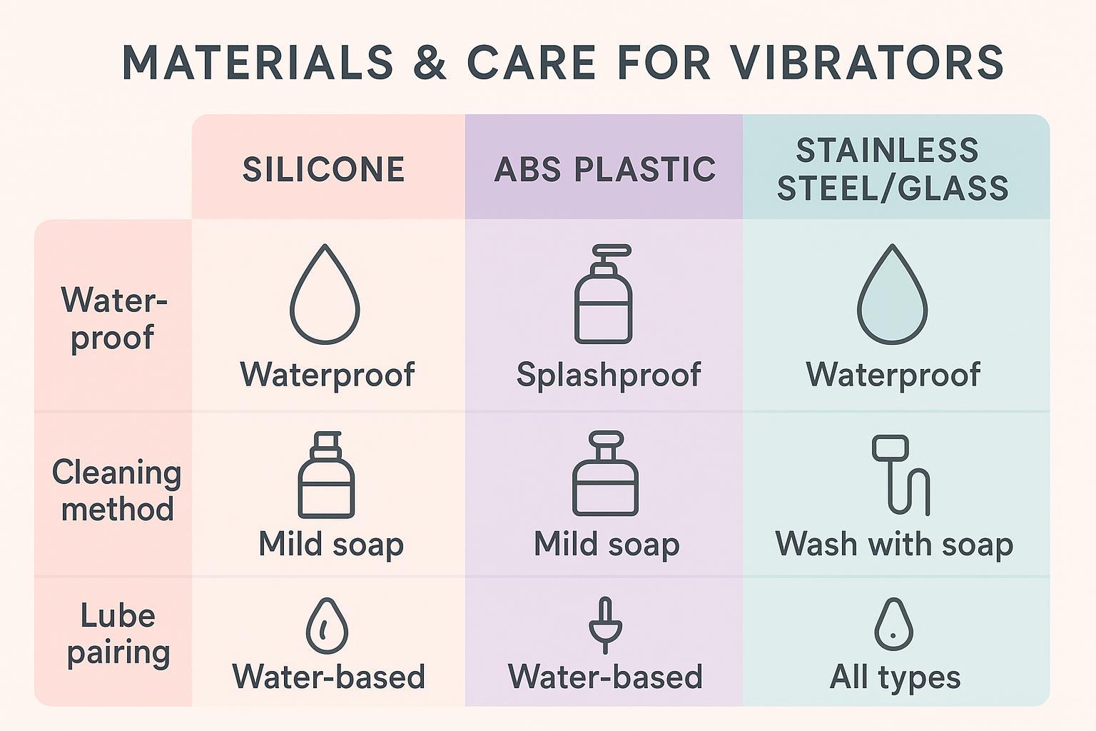 Infographic comparing vibrator materials and care: silicone, ABS, stainless steel/glass