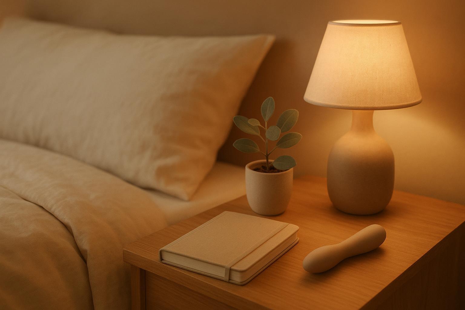Softly lit bedroom corner with a nightstand holding a journal, plant, and a discreet vibrator silhouette