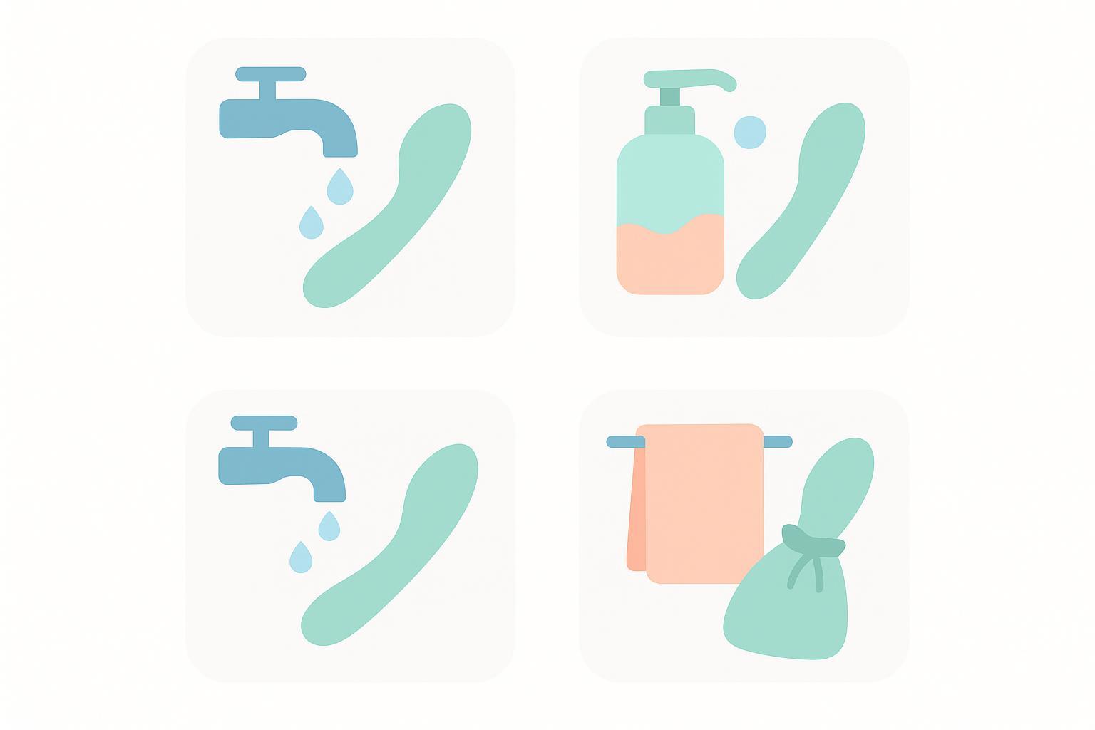 Minimal icon infographic of a vibrator cleaning routine: warm water, gentle soap, rinse, dry, and store in pouch