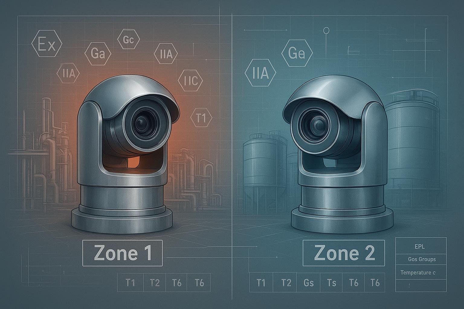 Cover image comparing ATEX Zone 1 vs Zone 2 for explosion-proof PTZ cameras with industrial backdrops and Ex marking overlays.