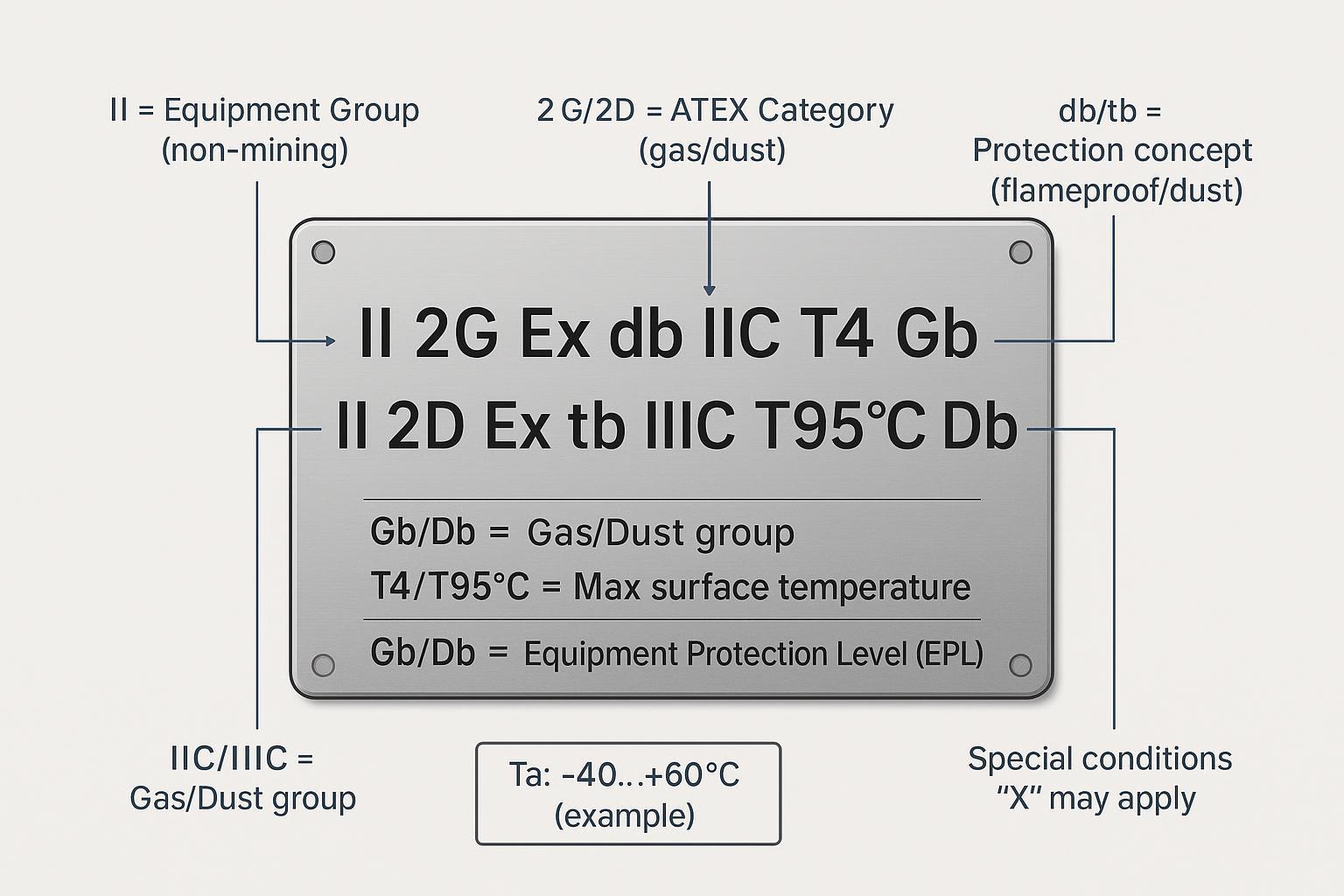 Diagram decoding a generic ATEX/IECEx nameplate for a PTZ camera with labels for group, category, protection concept, gas/dust group, temperature class, EPL, and ambient range.