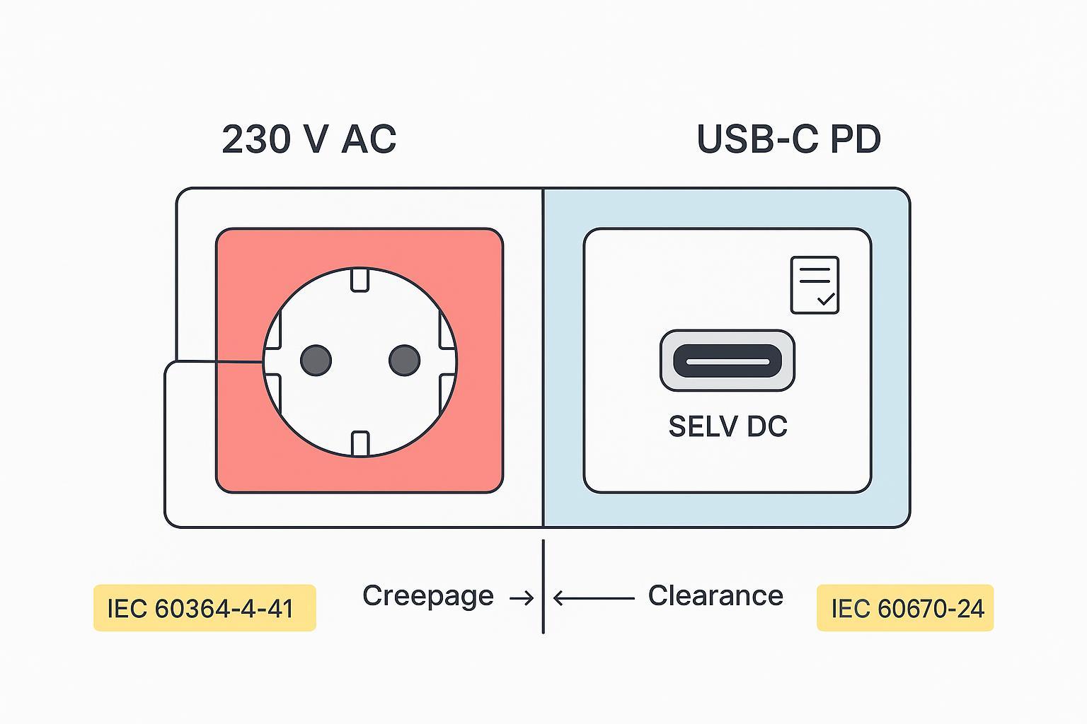 Partitioned wall plate showing AC and SELV USB compartments separated by molded divider