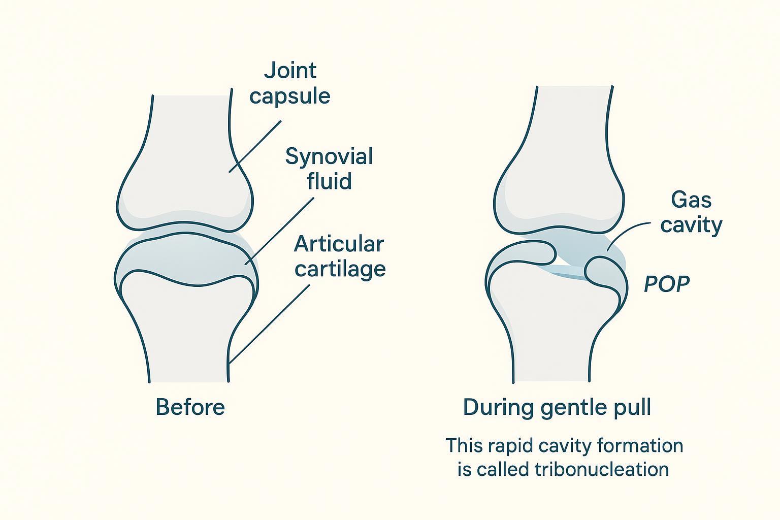 Diagram showing a finger joint before and during a gentle pull, with a small gas cavity forming in synovial fluid (tribonucleation).