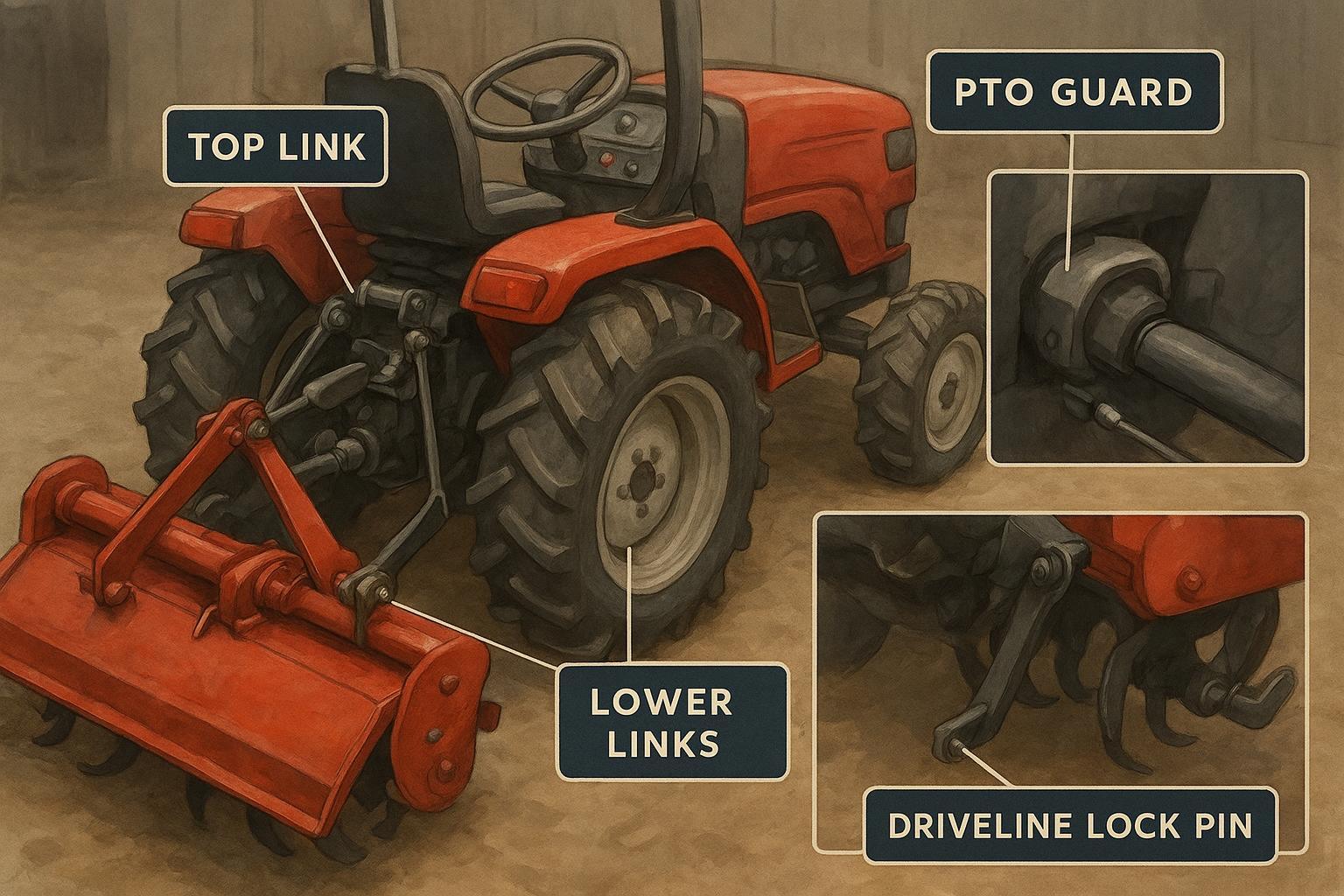 How Did the QILU Mini Farm Tractor Cut My Farm Labor and Fuel Costs in Three Years? 1 Annotated three-point hitch and PTO hookup on a QILU Mini Farm Tractor