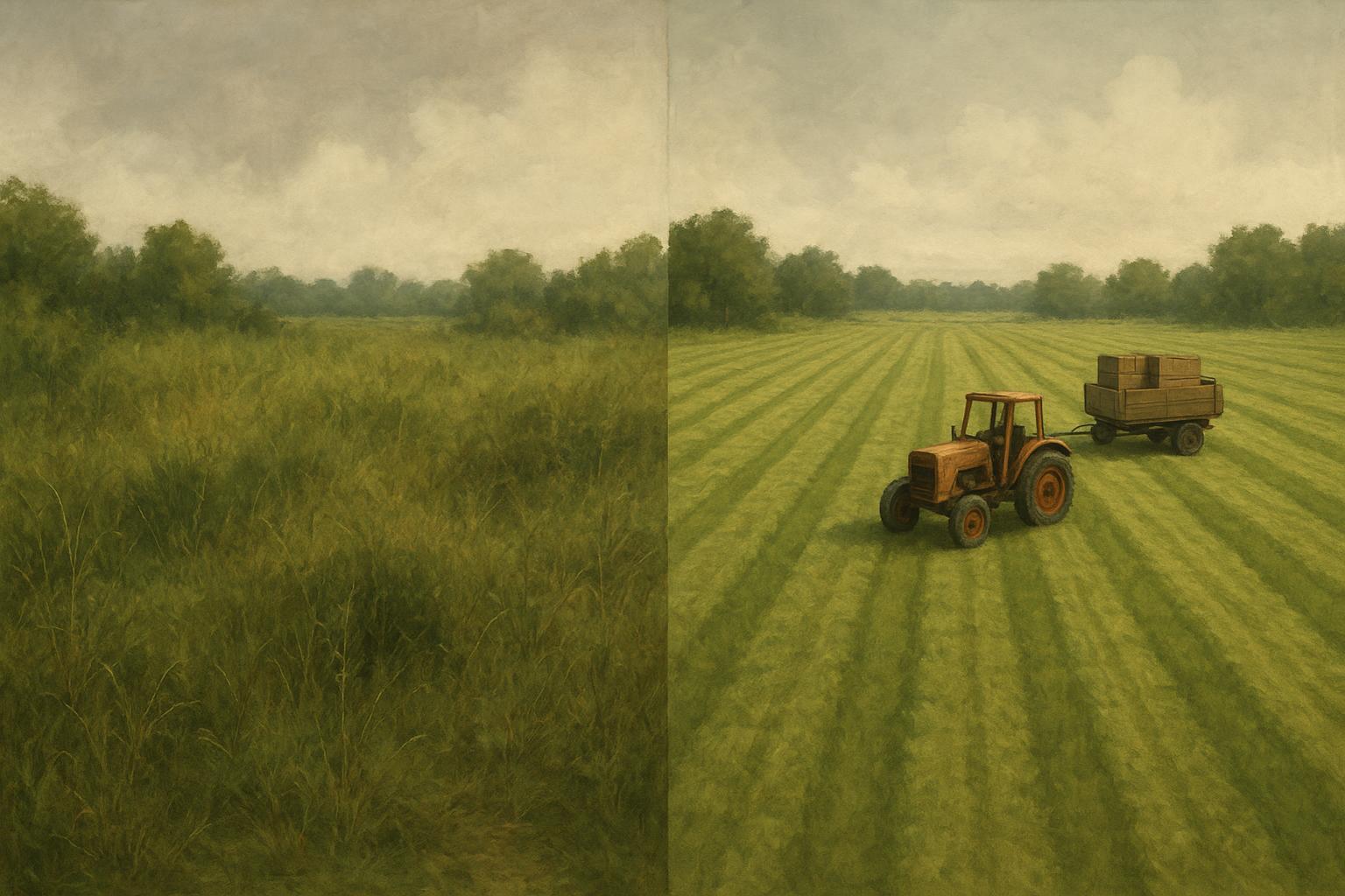 How Did the QILU Mini Farm Tractor Cut My Farm Labor and Fuel Costs in Three Years? 2 Before-and-after field mowing results using a QILU Mini Farm Tractor rotary cutter
