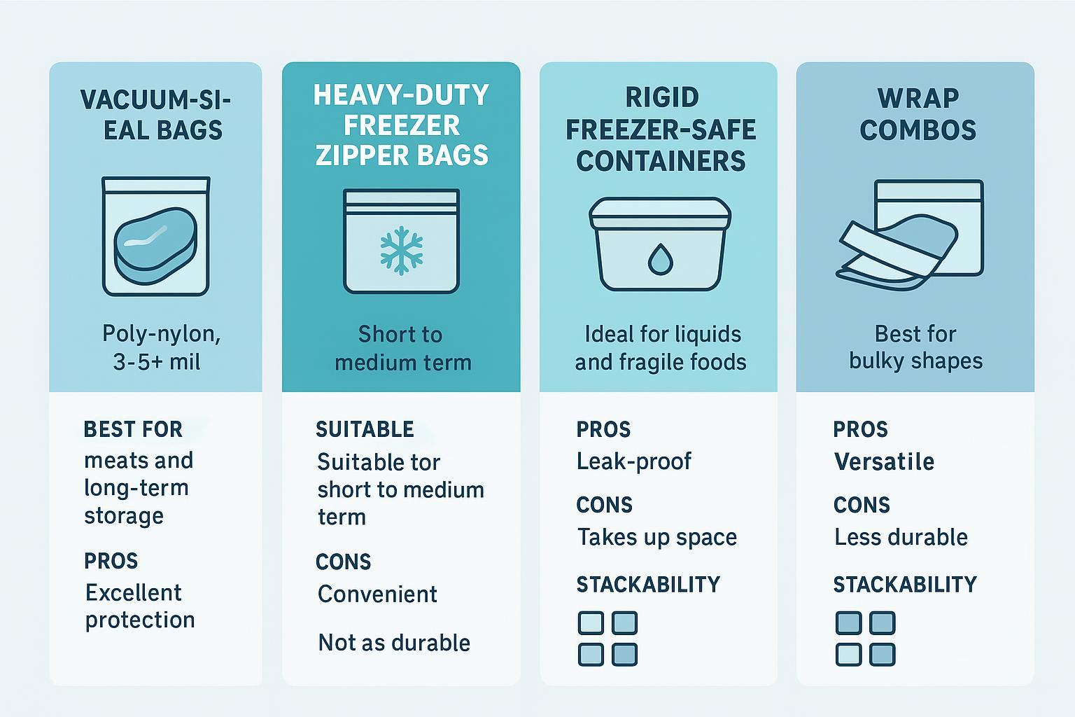 Infographic comparing vacuum bags, freezer bags, rigid containers, and wrap combos for freezing