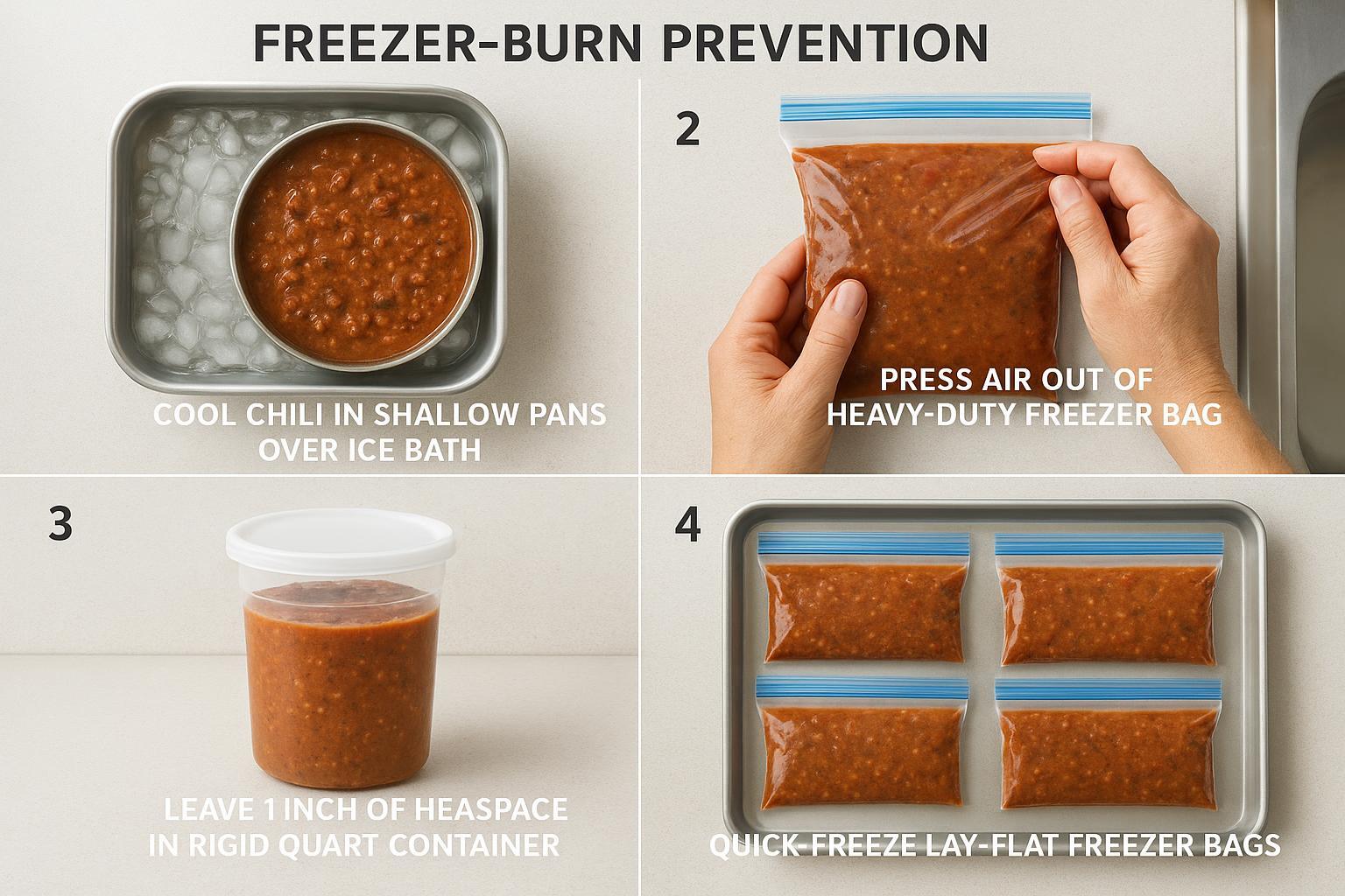 Step-by-step photos showing cooling, air removal, headspace, and flat quick-freezing techniques