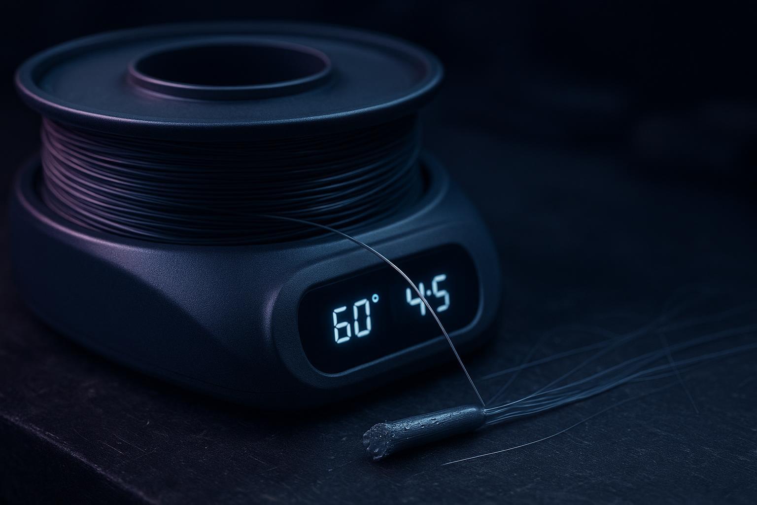 a filament spool in a consumer dryer with the temperature and timer display visible, next to a snapped wet filament end