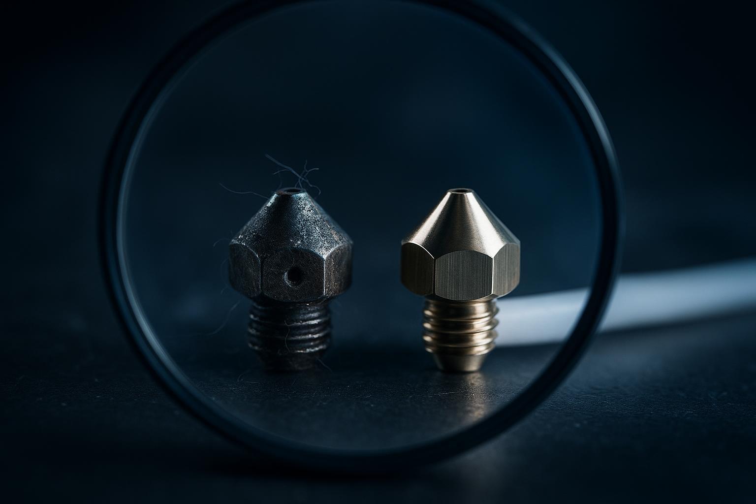 a worn nozzle orifice next to a new one under magnification, plus a PTFE tube seated against a nozzle shoulder