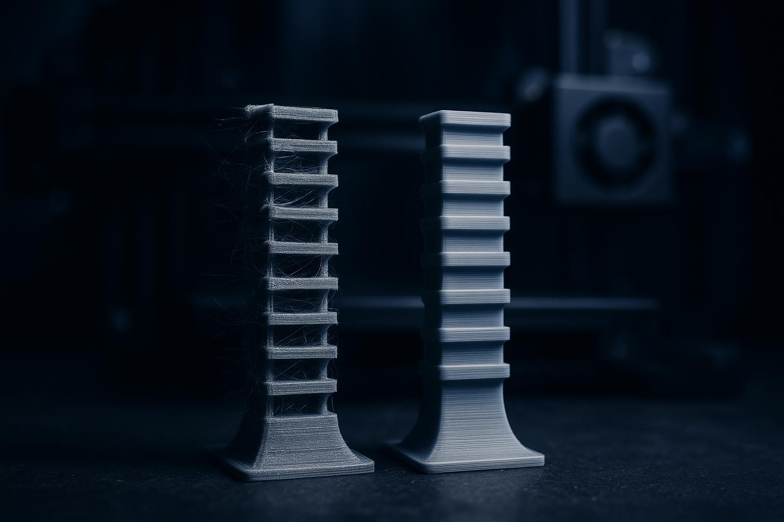 a before-and-after pair of retraction test towers, the left one covered in wisps and the right one clean