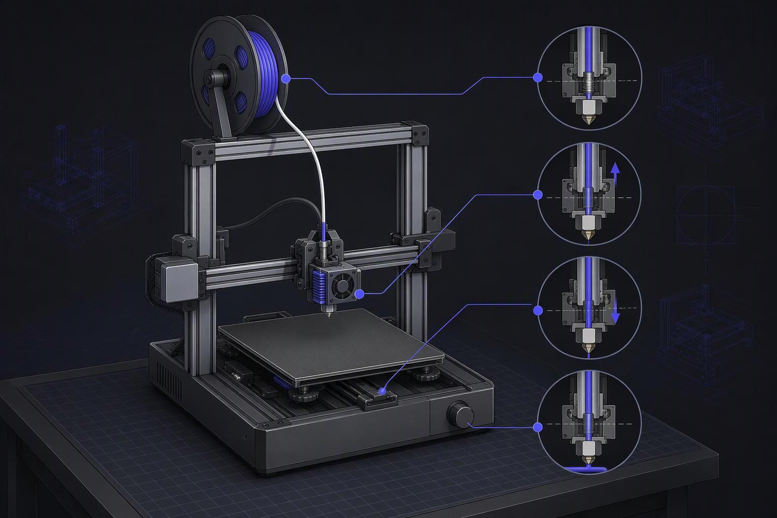 a labeled single-nozzle FDM printer with a spool holder, hotend, and print bed, annotated with the four swap points: pause at height, unload, load, re