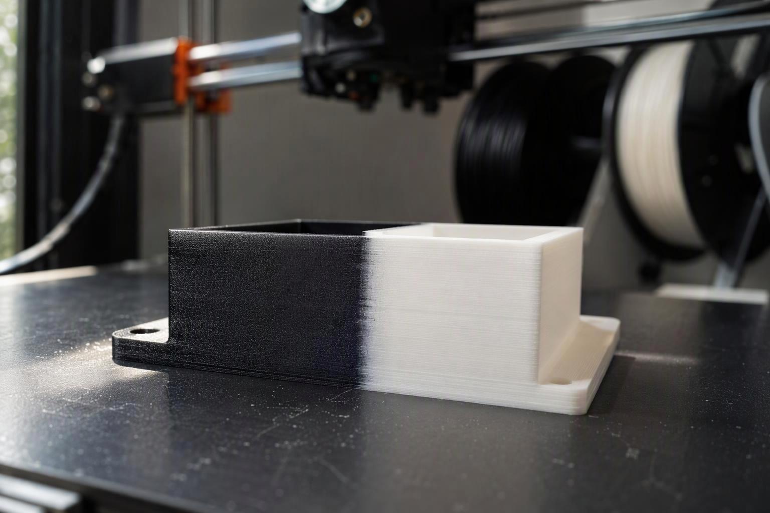 a close-up of a freshly printed two-color part at the color boundary, with a clean seam on one side and a faint blended band on the other