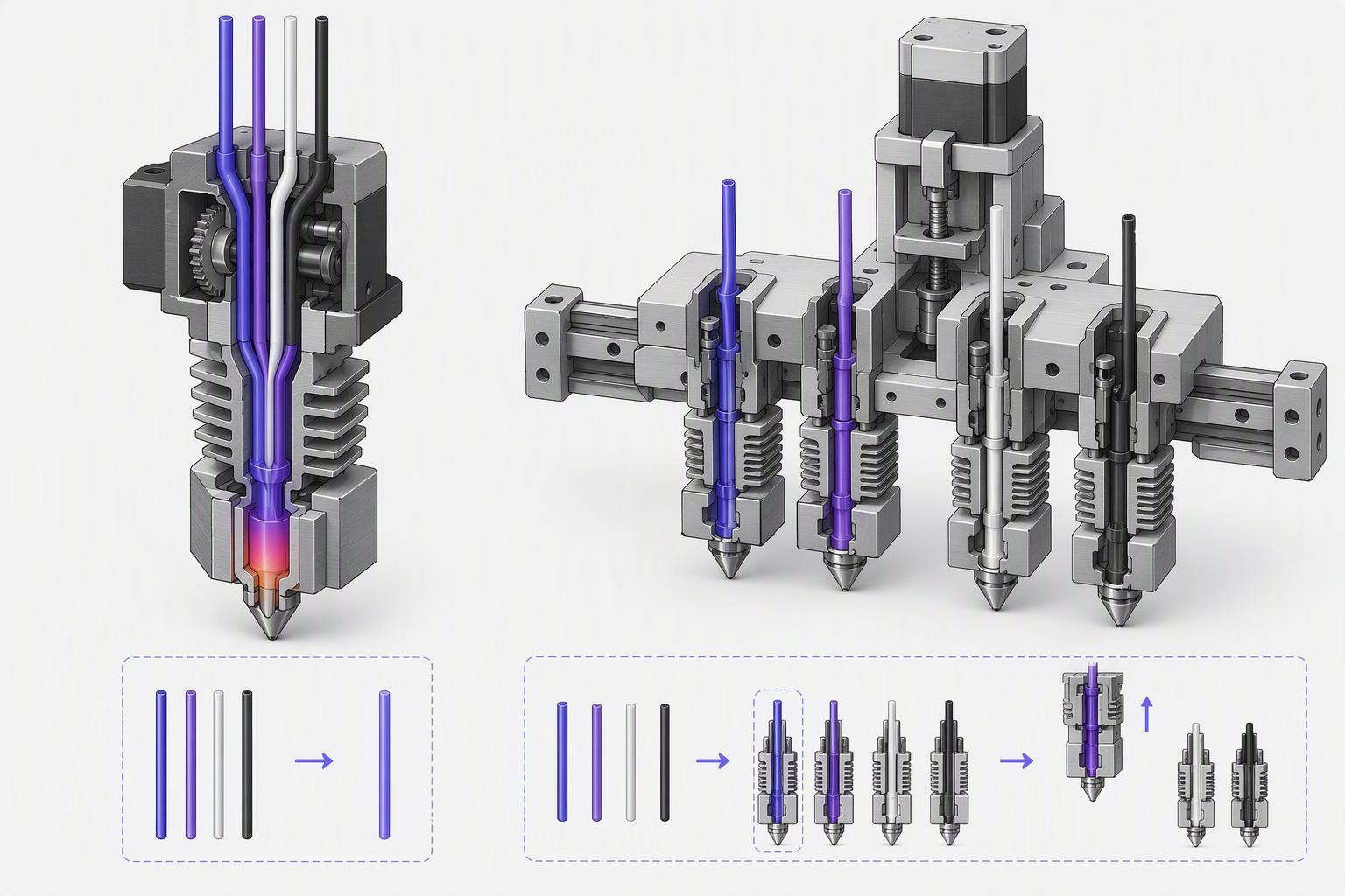 a side-by-side schematic of a shared-nozzle filament path and a parked-tool toolchanger, with the filament route and the