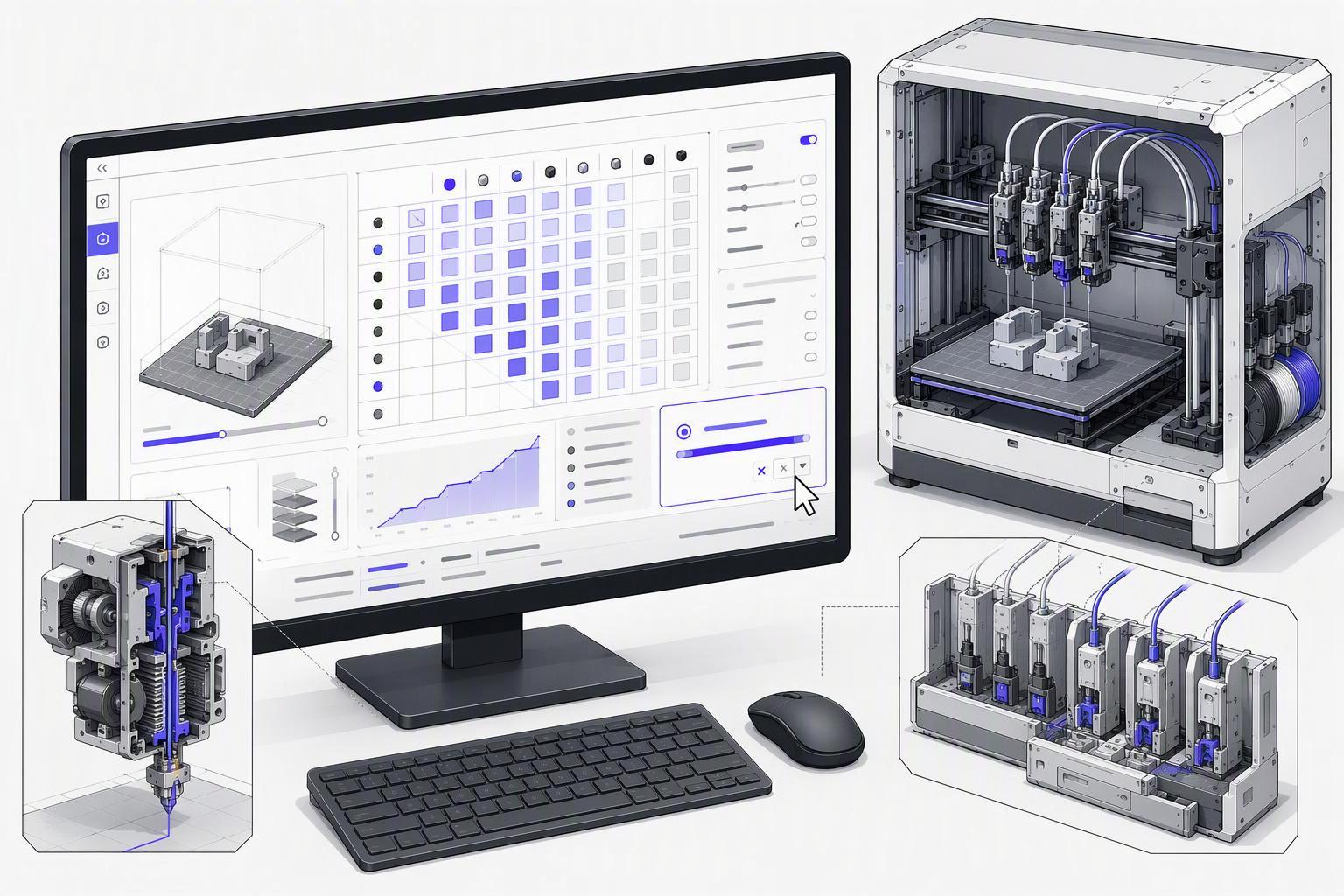 a slicer flush-volume panel showing the per-pair from/to matrix and the global multiplier, with the total purge weight